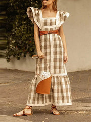 Vestido largo sin mangas con cuello cuadrado y paneles en contraste