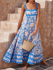 Vestido largo con tirantes y cuello cuadrado estampado