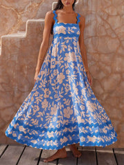 Vestido largo con tirantes y cuello cuadrado estampado