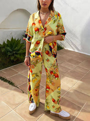 Cárdigan moderno con estampado de limones y camisa de solapa de botonadura sencilla