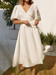 100% Cotton Summer Surplice Puff Sleeve Midi Dress