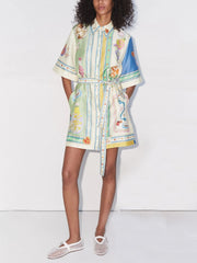 Einzigartiges, exquisites Mini-Cardigan-Kleid mit Ölgemälde-Print und Schnürung