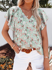 Flutter Sleeve Floral V-Neck Blouse Plus Size