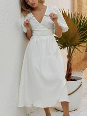 100% Cotton Summer Surplice Puff Sleeve Midi Dress
