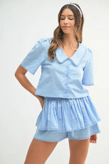 MABLE Collared Button Down Crop Top and Skort Set