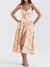 Suspender Patchwork Printed Lace-Up Midi Dress
