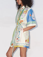 Einzigartiges, exquisites Mini-Cardigan-Kleid mit Ölgemälde-Print und Schnürung