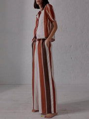 Camisa holgada con botones y estampado de rayas anchas y patchwork