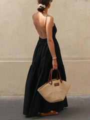 Vestido largo clásico plisado liso sin espalda