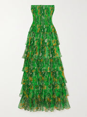 Trägerloses, mehrlagiges Bandeau-Maxikleid mit Blumendruck