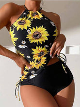 Conjunto de tankini con cuello halter y cordón con estampado de girasoles
