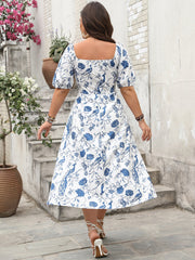 Celeste Blue Floral Puff-Sleeve Midi Dress