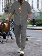 Men's Full Size Striped Button Up Top and Pants Set Plus Size