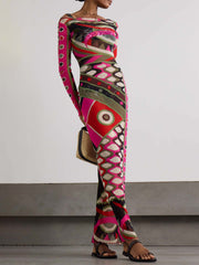 Vestido largo con estampado abstracto y personalidad retro que envuelve la cadera