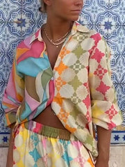 Camisa de botonadura sencilla con estampado pintado de estilo vintage chic