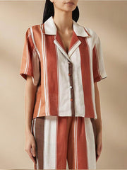 Camisa holgada con botones y estampado de rayas anchas y patchwork