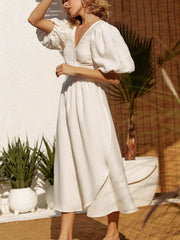 100% Cotton Summer Surplice Puff Sleeve Midi Dress