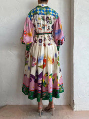 Einzigartiges und schönes Langarm-Midikleid im Hemdstil mit Retro-Print