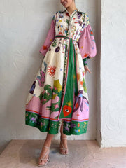 Einzigartiges und schönes Langarm-Midikleid im Hemdstil mit Retro-Print