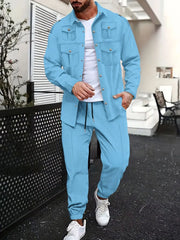 Men's Full Size Snap Down Long Sleeve Top and Pants Set Plus Size