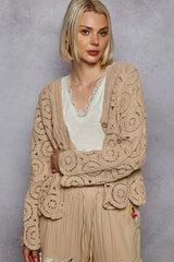 POL Button Down V-Neck Crochet Cardigan