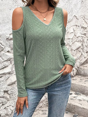 Eyelet V-Neck Cold Shoulder T-Shirt