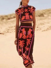 Elegant High Waist Printed Short Sleeve Top and Skirt Set