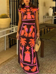 Elegant High Waist Printed Short Sleeve Top and Skirt Set