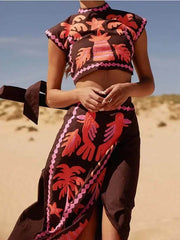 Elegant High Waist Printed Short Sleeve Top and Skirt Set