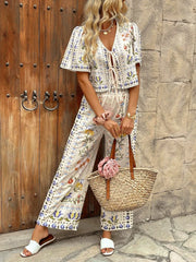 Printed Tie Front Short Sleeve Top and Pants Set