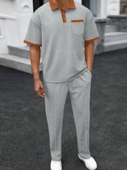 Men's Full Size Waffle-Knit Contrast Polo and Pants Set Plus Size