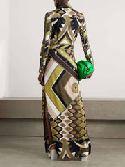 Langarm-Maxikleid mit abstraktem Retro-Print