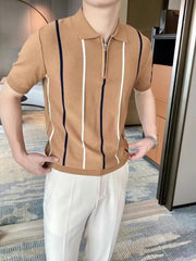 Men's Full Size Striped Zip Collar Short Sleeve Knit Polo Shirt Plus Size