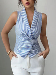Striped Sleeveless Wrap Blouse