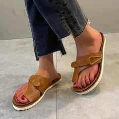 Toe Loop PU Leather Flat Sandals