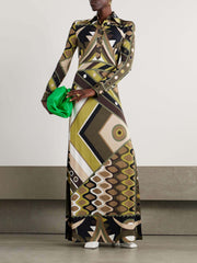 Langarm-Maxikleid mit abstraktem Retro-Print