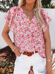 Flutter Sleeve Floral V-Neck Blouse Plus Size