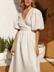 100% Cotton Summer Surplice Puff Sleeve Midi Dress