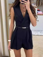 Solid Sleeveless Surplice Romper