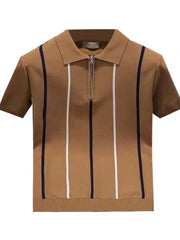 Men's Full Size Striped Zip Collar Short Sleeve Knit Polo Shirt Plus Size