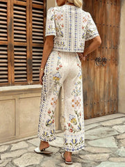 Printed Tie Front Short Sleeve Top and Pants Set