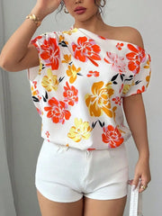 Floral Print One Shoulder Short Sleeve Blouse