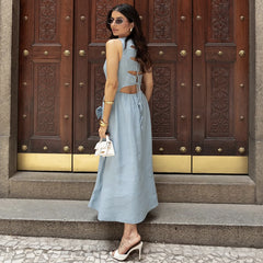 Round Neck Sleeveless Bow Tie High Waist Dress