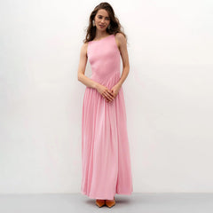 Solid-color round-neck backless sleeveless dress