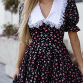 Baby Collar Lace Print Slim Tie Dress