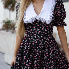 Baby Collar Lace Print Slim Tie Dress