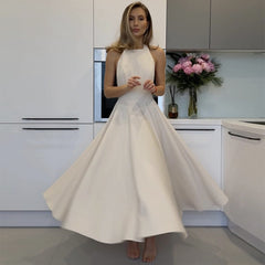 Halter neck tie solid color high waist slim dress