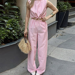 Striped Sleeveless Top and Slim-fit Trousers Set