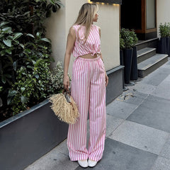 Striped Sleeveless Top and Slim-fit Trousers Set
