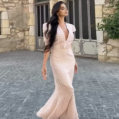 Fresh V-neck bow print slim dress